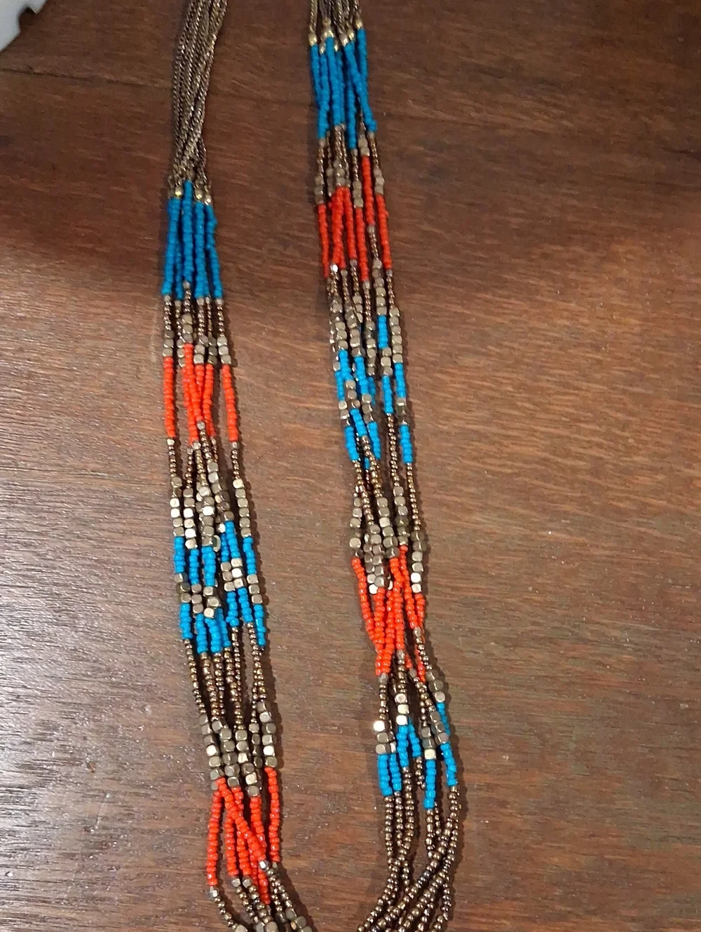 Multi-Strand Beaded Necklace in Blue & Orange